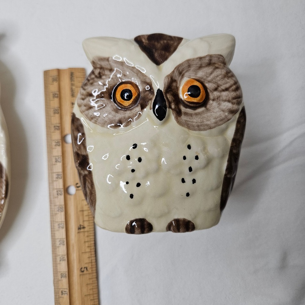 Vtg Ceramic Owl Set Japan Napkin Holder Spoon Rest Toothpick Holder‎ Brown Cream - Picture 4 of 10